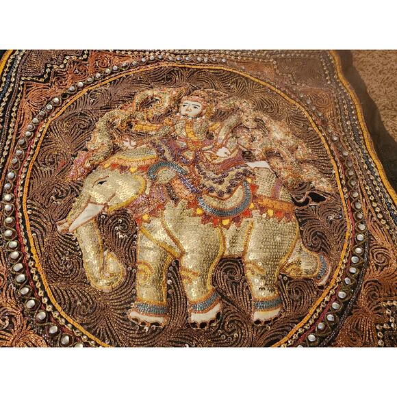 Vintage Asian Elephant Tapestry 3D Raised Handcraft Embroidered Sequins Art 21" - Picture 14 of 16